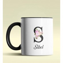 Kişiye Özel S Harfi Temalı Çiçekli Tasarım Siyah Renk Kupa