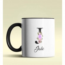 Kişiye Özel J Harfi Temalı Çiçekli Tasarım Siyah Renk Kupa