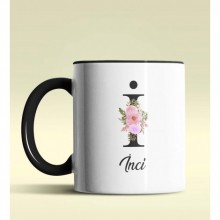 Kişiye Özel İ Harfi Temalı Çiçekli Tasarım Siyah Renk Kupa