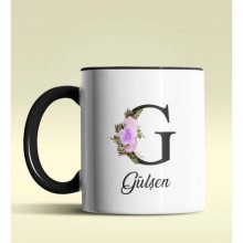 Kişiye Özel G Harfi Temalı Çiçekli Tasarım Siyah Renk Kupa