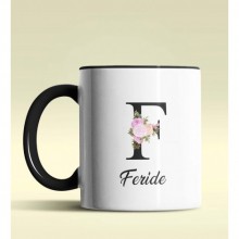 Kişiye Özel F Harfi Temalı Çiçekli Tasarım Siyah Renk Kupa