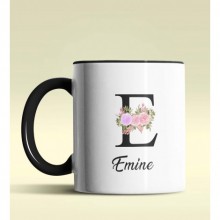 Kişiye Özel E Harfi Temalı Çiçekli Tasarım Siyah Renk Kupa