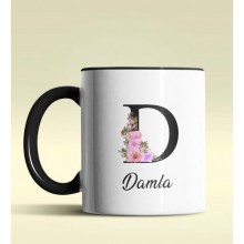 Kişiye Özel D Harfi Temalı Çiçekli Tasarım Siyah Renk Kupa