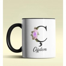 Kişiye Özel Ç Harfi Temalı Çiçekli Tasarım Siyah Renk Kupa