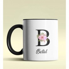 Kişiye Özel B Harfi Temalı Çiçekli Tasarım Siyah Renk Kupa