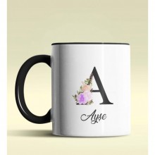 Kişiye Özel A Harfi Temalı Çiçekli Tasarım Siyah Renk Kupa