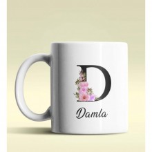 Kişiye Özel D Harfi Temalı Çiçekli Tasarım Beyaz Renk Kupa