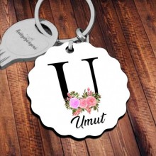 Kişiye Özel U Harfi Temalı Çiçekli Tasarım HDF Dalgalı Anahtarlık