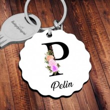 Kişiye Özel P Harfi Temalı Çiçekli Tasarım HDF Dalgalı Anahtarlık