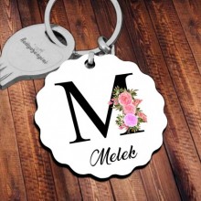 Kişiye Özel M Harfi Temalı Çiçekli Tasarım HDF Dalgalı Anahtarlık