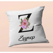 Kişiye Özel Z Harfi Temalı Çiçekli Tasarım Saten Kare Yastık