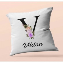 Kişiye Özel V Harfi Temalı Çiçekli Tasarım Saten Kare Yastık