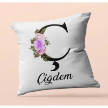 Kişiye Özel Ç Harfi Temalı Çiçekli Tasarım Saten Kare Yastık
