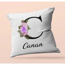 Kişiye Özel C Harfi Temalı Çiçekli Tasarım Saten Kare Yastık