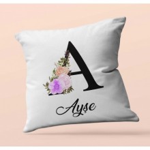 Kişiye Özel A Harfi Temalı Çiçekli Tasarım Saten Kare Yastık