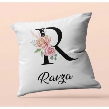 Kişiye Özel R Harfi Temalı Gül Tasarım Saten Kare Yastık