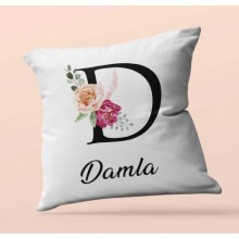 Kişiye Özel D Harfi Temalı Gül Tasarım Saten Kare Yastık