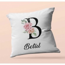 Kişiye Özel B Harfi Temalı Gül Tasarım Saten Kare Yastık
