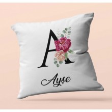 Kişiye Özel A Harfi Temalı Gül Tasarım Saten Kare Yastık