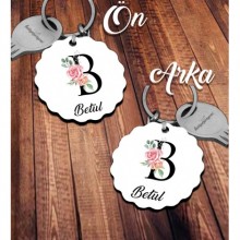 Kişiye Özel B Harfi Temalı Gül Tasarım HDF Dalgalı Anahtarlık