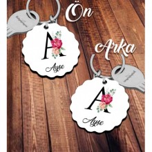 Kişiye Özel A Harfi Temalı Gül Tasarım HDF Dalgalı Anahtarlık