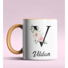 Kişiye Özel V Harfi Temalı Gül Tasarım Turuncu Renk Kupa