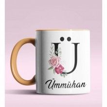 Kişiye Özel Ü Harfi Temalı Gül Tasarım Turuncu Renk Kupa