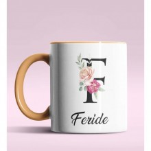 Kişiye Özel F Harfi Temalı Gül Tasarım Turuncu Renk Kupa