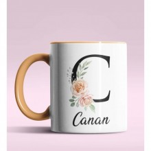 Kişiye Özel C Harfi Temalı Gül Tasarım Turuncu Renk Kupa