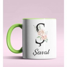 Kişiye Özel Ş Harfi Temalı Gül Tasarım Yeşil Renk Kupa