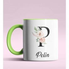 Kişiye Özel P Harfi Temalı Gül Tasarım Yeşil Renk Kupa