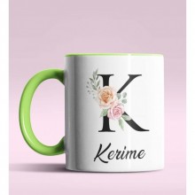Kişiye Özel K Harfi Temalı Gül Tasarım Yeşil Renk Kupa
