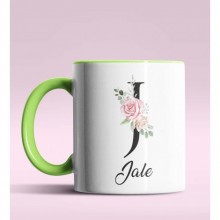 Kişiye Özel J Harfi Temalı Gül Tasarım Yeşil Renk Kupa
