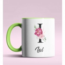 Kişiye Özel I Harfi Temalı Gül Tasarım Yeşil Renk Kupa