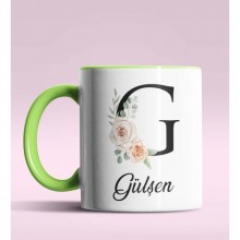 Kişiye Özel G Harfi Temalı Gül Tasarım Yeşil Renk Kupa