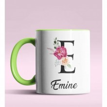 Kişiye Özel E Harfi Temalı Gül Tasarım Yeşil Renk Kupa