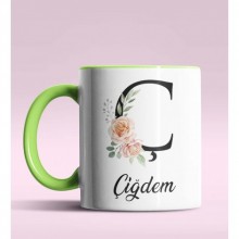 Kişiye Özel Ç Harfi Temalı Gül Tasarım Yeşil Renk Kupa