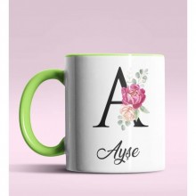 Kişiye Özel A Harfi Temalı Gül Tasarım Yeşil Renk Kupa