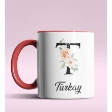 Kişiye Özel T Harfi Temalı Gül Tasarım Kırmızı Renk Kupa