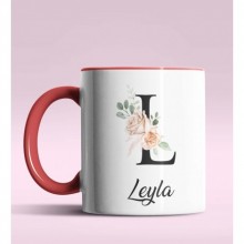 Kişiye Özel L Harfi Temalı Gül Tasarım Kırmızı Renk Kupa