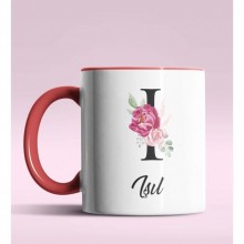 Kişiye Özel I Harfi Temalı Gül Tasarım Kırmızı Renk Kupa