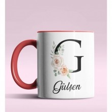 Kişiye Özel G Harfi Temalı Gül Tasarım Kırmızı Renk Kupa