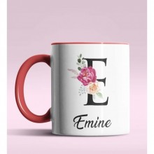 Kişiye Özel E Harfi Temalı Gül Tasarım Kırmızı Renk Kupa