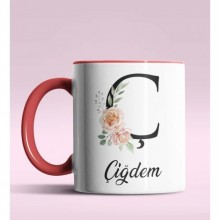 Kişiye Özel Ç Harfi Temalı Gül Tasarım Kırmızı Renk Kupa