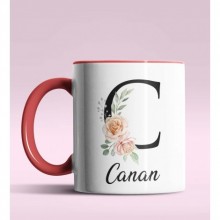 Kişiye Özel C Harfi Temalı Gül Tasarım Kırmızı Renk Kupa