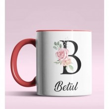 Kişiye Özel B Harfi Temalı Gül Tasarım Kırmızı Renk Kupa