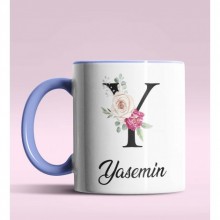 Kişiye Özel Y Harfi Temalı Gül Tasarım Mavi Renk Kupa