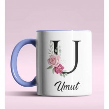 Kişiye Özel U Harfi Temalı Gül Tasarım Mavi Renk Kupa