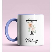 Kişiye Özel T Harfi Temalı Gül Tasarım Mavi Renk Kupa