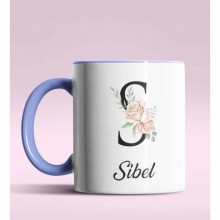 Kişiye Özel S Harfi Temalı Gül Tasarım Mavi Renk Kupa